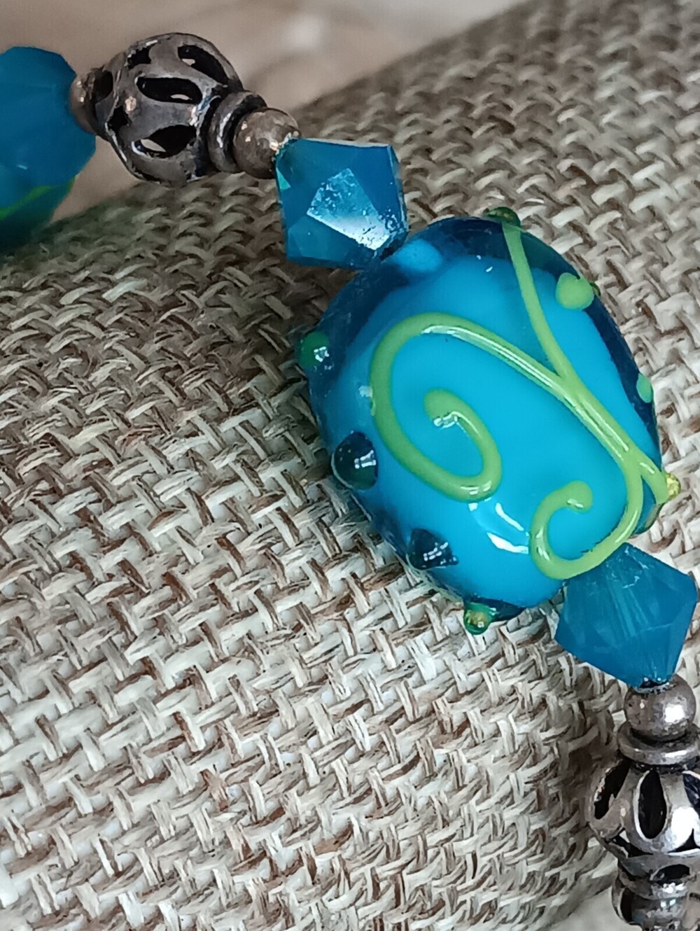 blue lampwork glass beaded bracelet, Blue And Green, 6, Toggle Clasp